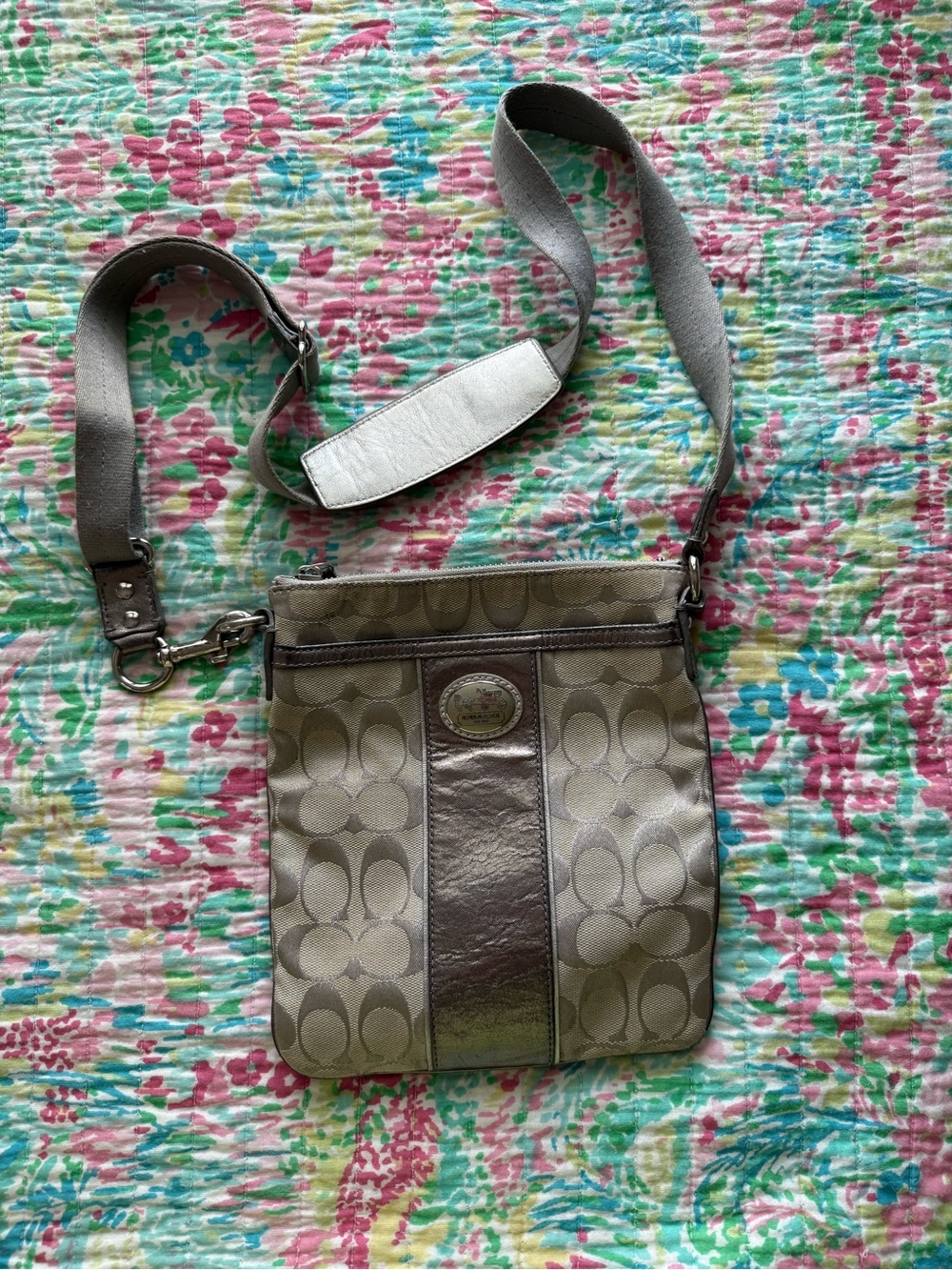 Coach Khaki and Metallic Silver Crossbody Bag